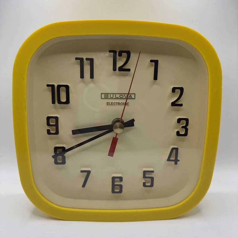 Vintage 60s Bulova Wall Clock Yellow Retro Mod Plastic Analog Battery Op Germany